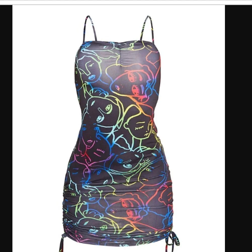 PrettyLittleThing Multi Abstract Face Print Slinky Ruched Side Bodycon Dress 6 - Picture 4 of 11